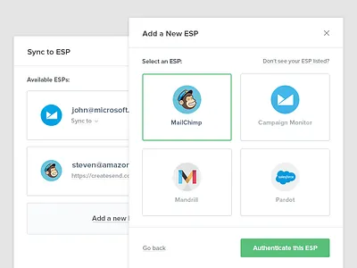 Builder ESP Syncing app cards dropdown email form grid modal radio rows table ui ux