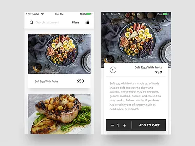 Recipe iOS Application add to cart app card filters food grid view ios list view minimal recipe search toggle