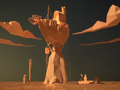 Boathome 3d arnold boat cinema4d dirclumsy fisherman lowpoly rock sea