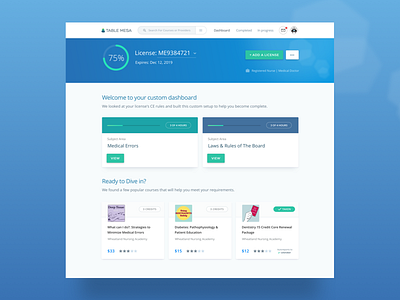 Course dashboard cards courses dashboard e learning licenses progress stats ui