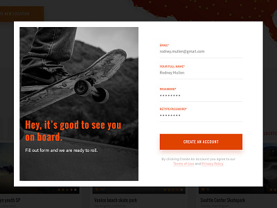 Registration Form create account form input modal registration sign up signup skate skateboard skating web