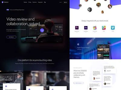 Frame.io Iteration avatar cards focus lab graph typography video website
