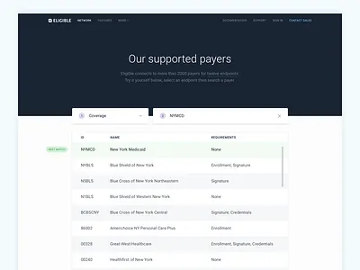 Eligible's Network api healthcare network scroll search steps table ui user interface web website