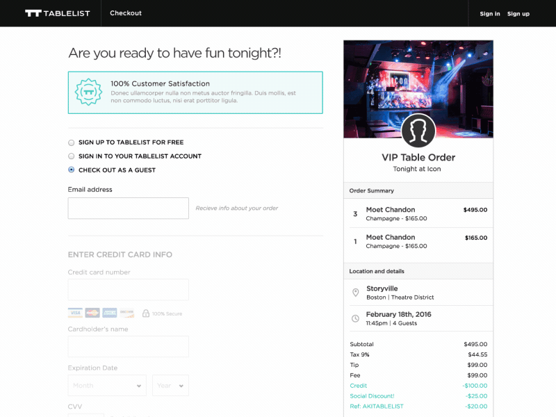 Tablelist Responsive Web Checkout Screen checkout details gif guest checkout sign in sign up ui ui design user interface ux web app web design