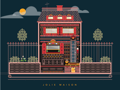 Jolie Maison french garden house night ornate pattern scene townhouse