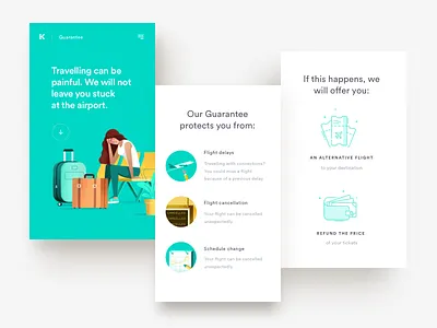 Illustrated mobile page for Kiwi.com Guarantee airport clean flight illustration mobile travel ui ux web website white
