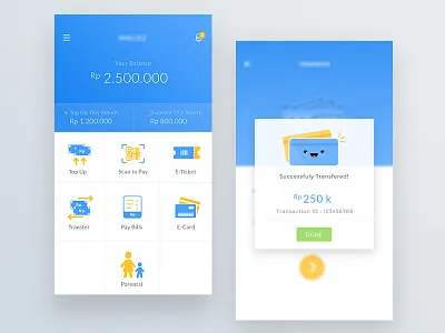 Wallet App balance bank blue grid view homescreen mobile pay bill payment popup transfer ui wallet