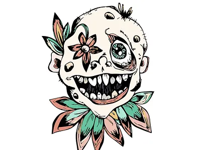 Leafy clown-like person drawing graphic illustration ink