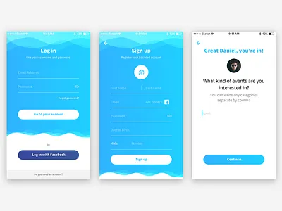 Onboarding flow app blue iphone log in login on boarding registration screen sign in sign up