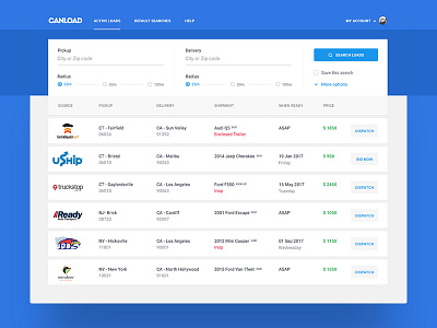 Search Loads delivery design filter interface pickup search ui ux