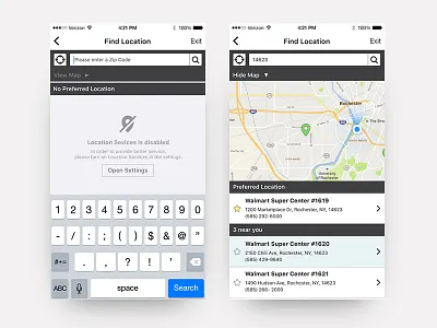 Walmart - Find Location find location hide map input location services map mobile app no gps open settings place holder search store ui design