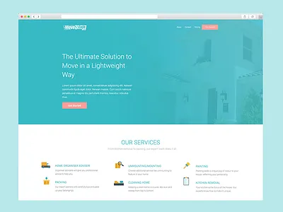 Move 'N Cash full site blue cartoon homepage icons landingpage layout minimalistic moving store website