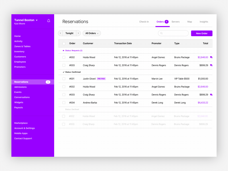 Nightpro Reservations Tab app dashboard desktop hover ui design user interface ux web app web design