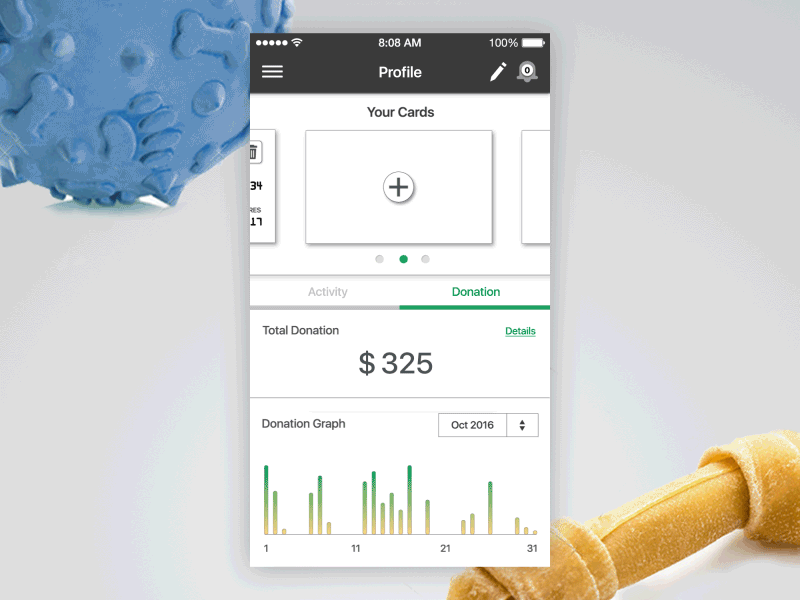 App UI / FUNDoggy / Profile add cards checkout credit card donation graph interface numbers payment profile total amount ui design visa