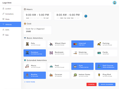 Attributes amenities app attributes cost dashboard design hour layout list mobile price