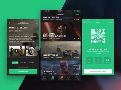 Cinematicket cinema dark theme flat green ios iphone list movies outsystems10 qr code seat ticket