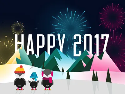 Happy 2017 ! 2017 fireworks flat illustration landscape mountain new year prestashop puffin wishes