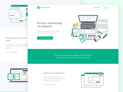 Bonsai For Freelancer Landing Page company contract credit debit freelance invoice money payment platform reminder work
