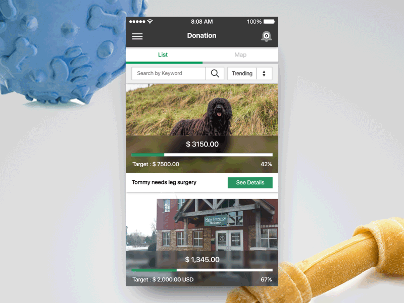 App UI / FUNDoggy / Donation access location donation goals input interactions list map organized popup progress bar search ui design