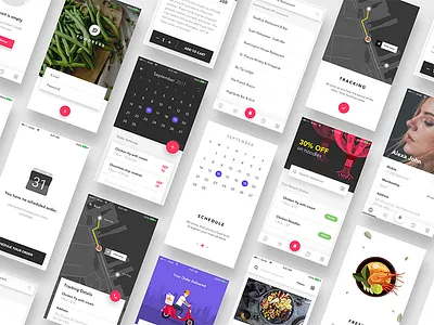 Food ordering app ui kit bundle add to cart calendar cards empty cart filters food landing page onboarding profile search tracking