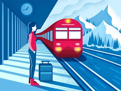 Train Station flat girl illustration light mountain scenery snow station train travel tree trip