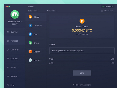Multi Profile Bitcoin Desktop App Transaction Screen app application bitcoin dashboard mac apps mac os overview transaction ui ux user experience user interface wallet