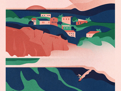 Puerto Escondido cliff hills house plants surf swell texture town travel vector vintage waves