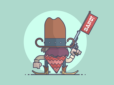 Stick 'em up! bandana bang boots cowboy gun hat illustration line art moustache revolver spurs