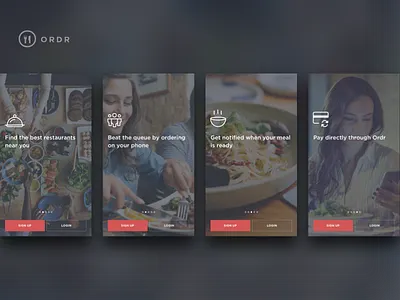 ORDR On boarding app clean dark food modern order restaurant sleek tutorial ui ux