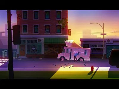 Icecream Van artua car city flat foodtruck ice cream illustration punctured tire street sunset urban