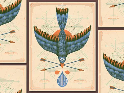 P H I S H arrows bird gig poster illustration jammy jammy jam band mansfield nature phish putabirdonit sunrise