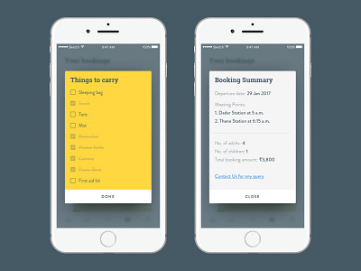 Bookings Modal Views bookings design details ios material trip ui