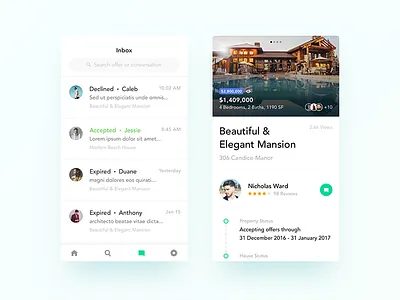Real Estate App UI Design - Inbox & Property Details android app dashboard ecommerce flat home ios navigation real estate reviews social