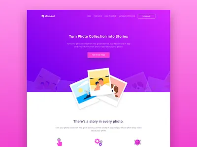 Photo Moment Landing Page app big header homepage icon illustration landing page moment photo story web design