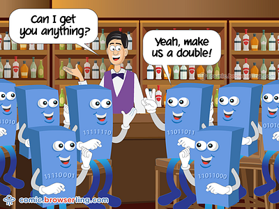Eight Bytes Walk in a Bar... 64 bit 8 bytes bar browserling bytes comic double drink joke whiskey