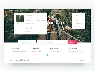 Header Dropdown (Single Deck) categories collections desktop dropdown experiences header headout hover landing page menu travel ui