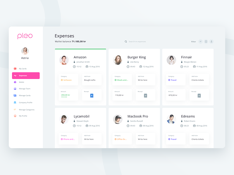 Example of Pleo Expense page (Redesign exploration)