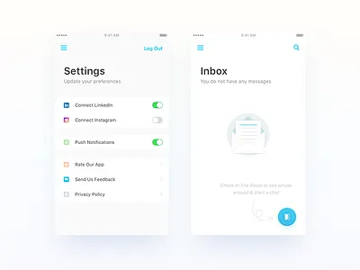 In The Room - Settings & Inbox Empty State android app empty state flat inbox ios navigation network reviews settings social