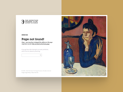 404 page of the Hermitage Friends Club 404 bug club error hermitage minimal not found page picasso search site support