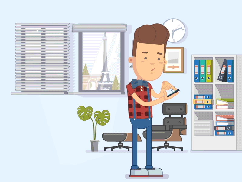 Transform of a space 2d animation beach character office space transformer