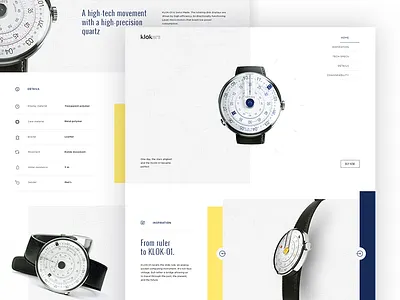 Klokers Watch display time e commerce item card landing page patent present ring ui ux watch webdesign yellow blue
