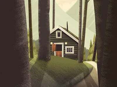 Thinking Time art cabin forest framed green hills mountains orange print texture