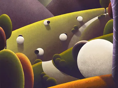 Mountain View art clouds geometric green hills illustration mountain orange path sheep sun trees