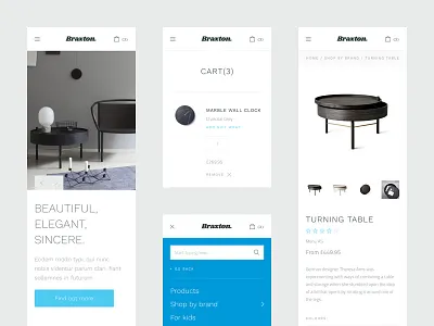 Mobile screens cart clean ecommerce fresh home interface menu mobile product theme ui