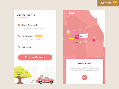 Order Status Page animations transitions application design free sketch illustration interface product invitation location pin map navigation menu order page summary screen ux ui