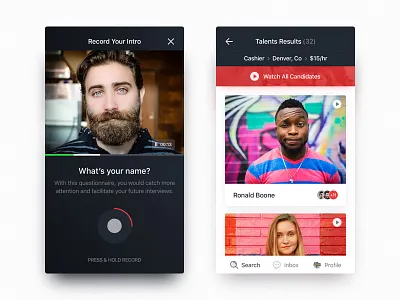 Talents Recording Intro Exploration android app camera dark dashboard design homescreen interface ios iphone ui ux