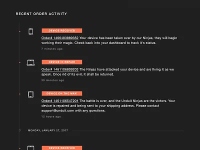 Unduit Recent Order Activity activity activity feed app feed notifications order product service web