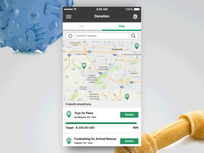 App UI / FUNDoggy / Donation Map donation find location goals input interactions list local location progress bar search map select transition ui design