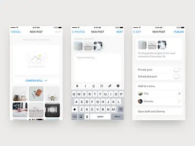 New Post camera roll edit images ios new post publish text ui
