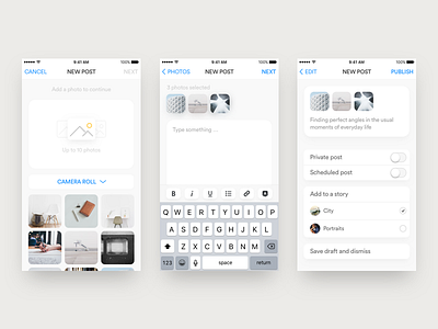 New Post camera roll edit images ios new post publish text ui